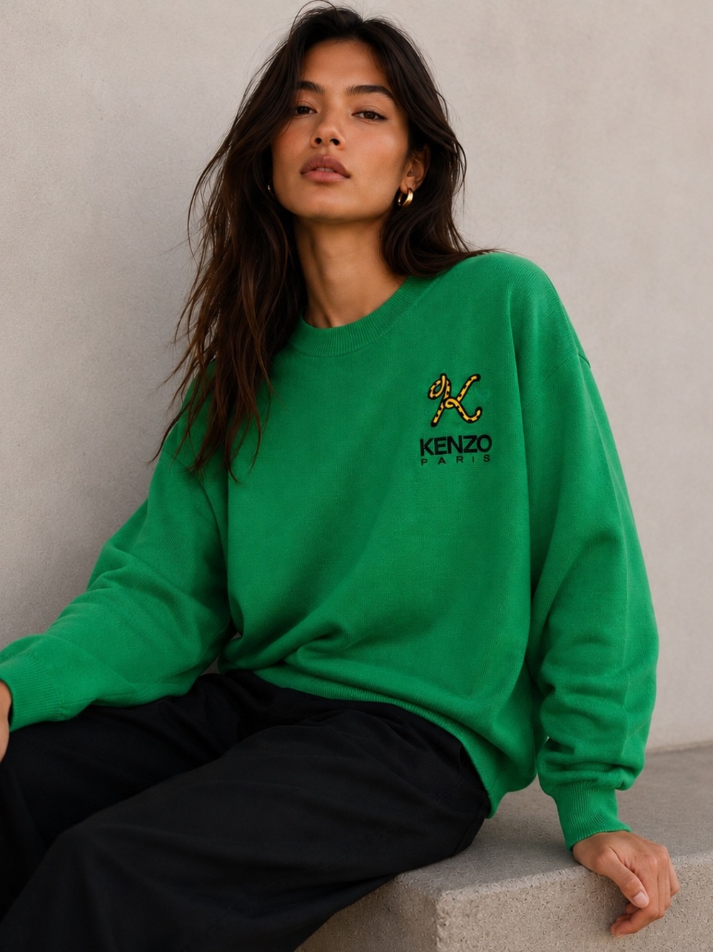 KENZO Paris 100% Wool Tiger Tail K Logo Sweater Green Crewneck Medium